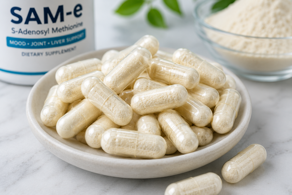 Filled SAM-e capsules ready for supplement use