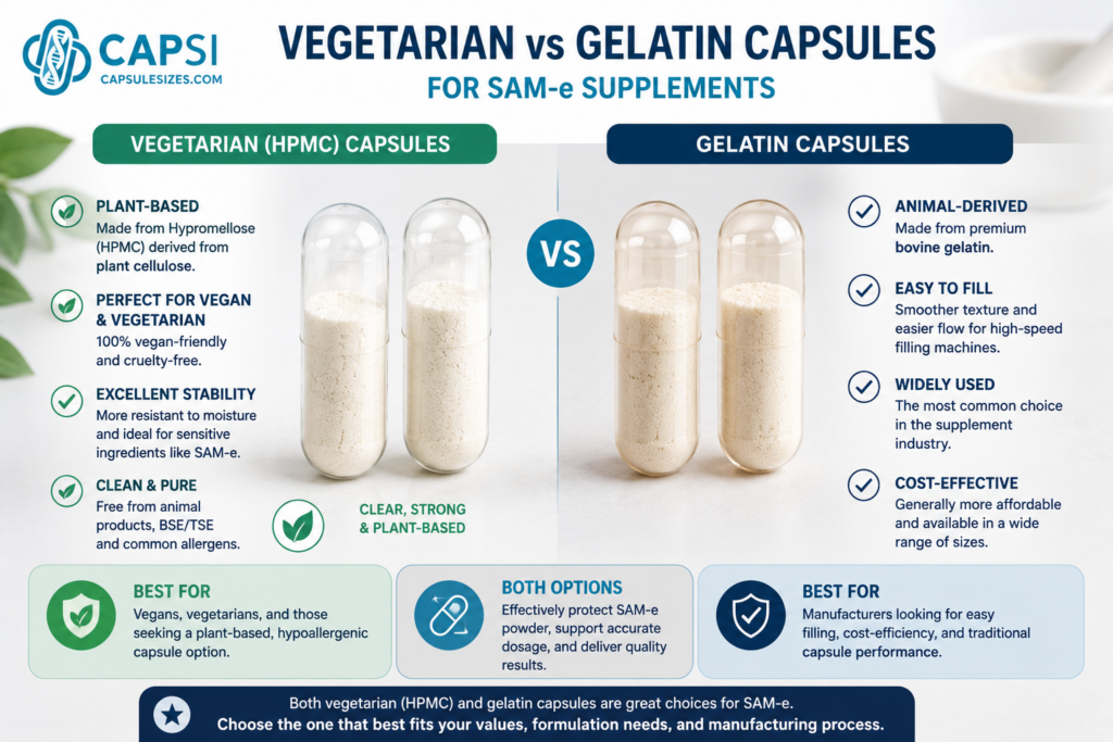 Vegetarian and gelatin capsules for SAM-e supplements