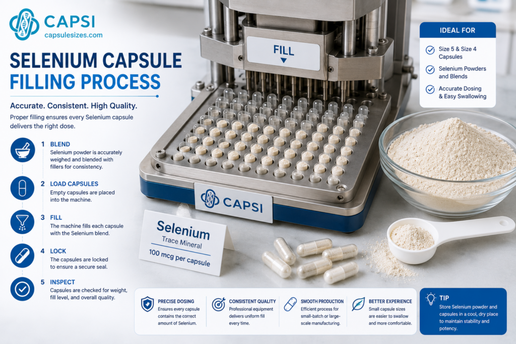 Filling selenium powder into empty capsules using a capsule filling machine