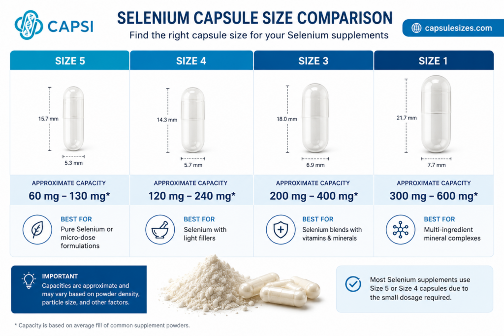 Selenium capsule size comparison chart showing capsule capacities