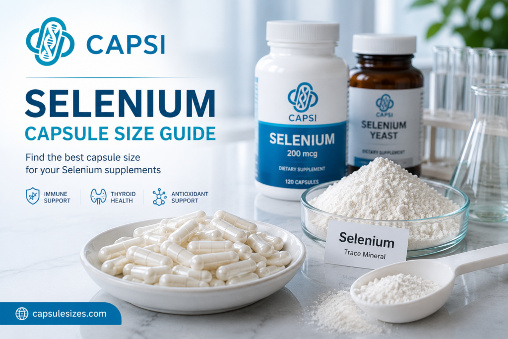 Selenium capsule size guide with empty capsules and selenium supplement powder