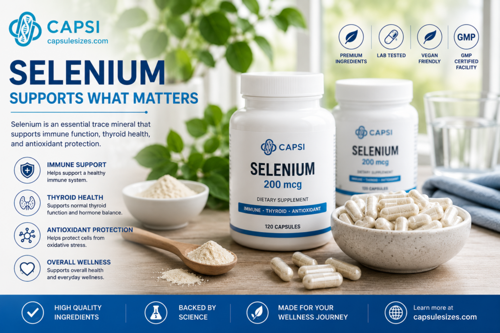 Selenium supplement capsules in a healthy wellness lifestyle setup