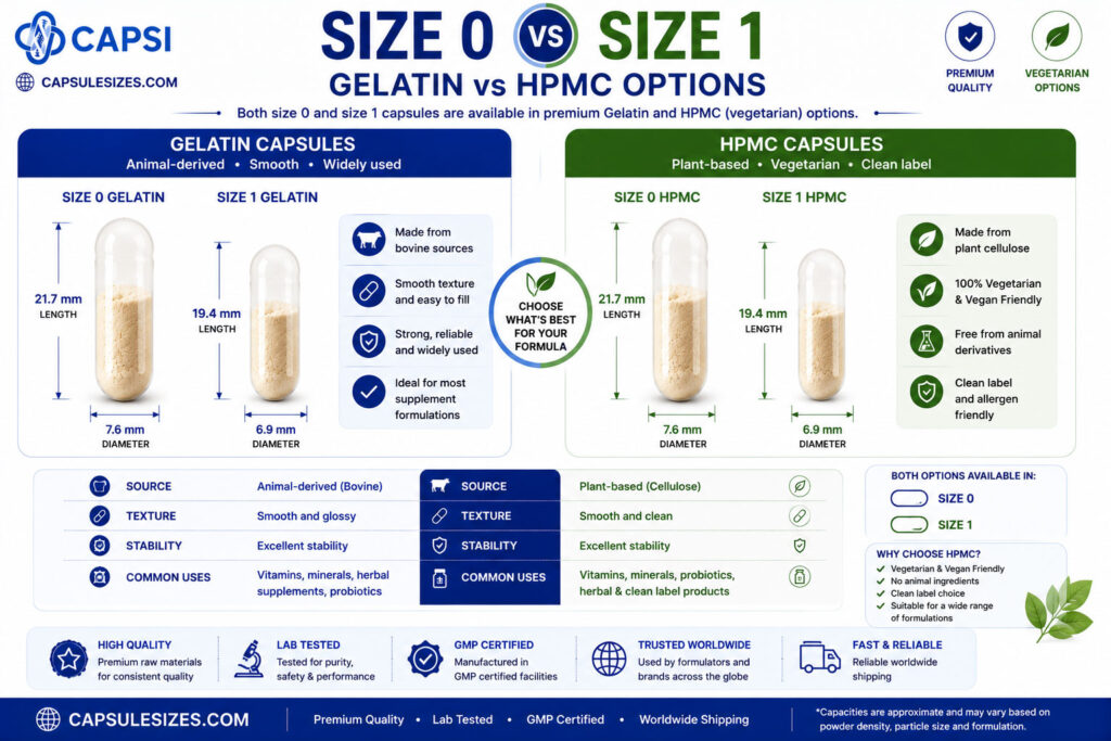 Comparison of gelatin and HPMC size 0 and size 1 capsules
