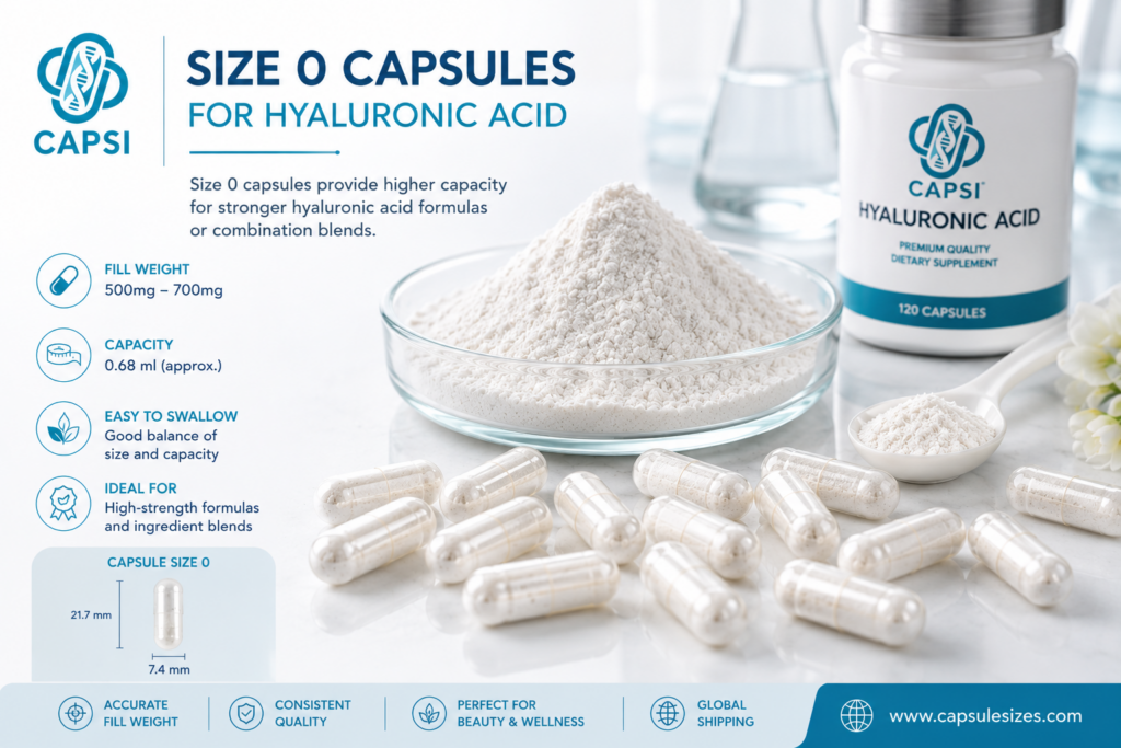 Size 0 capsules for hyaluronic acid supplements