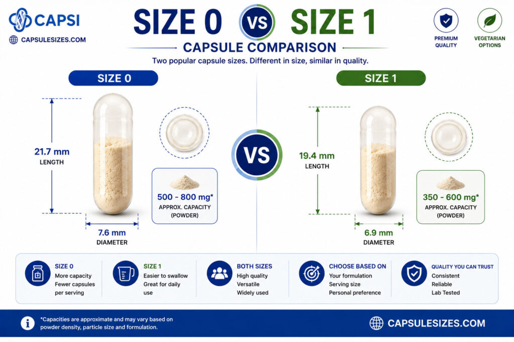 Comparison between size 0 and size 1 empty capsules