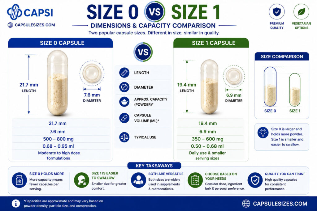 Size 0 vs size 1 capsule dimensions and capacity comparison chart
