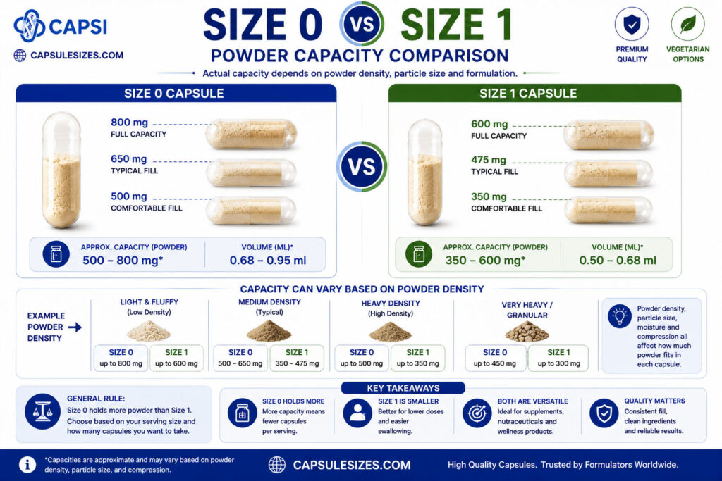 Powder capacity comparison between size 0 and size 1 capsules