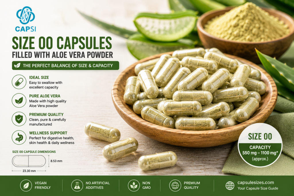 Size 00 capsules filled with aloe vera powder