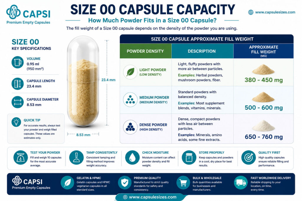 Image 3 ALT:
Size 00 capsule capacity infographic showing approximate fill weights and powder density examples for size 00 capsules