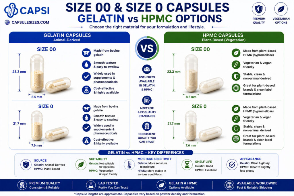 Comparison of gelatin and HPMC size 00 and size 0 capsules