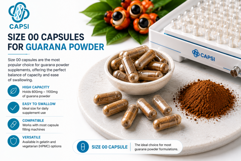 Size 00 capsules filled with guarana powder