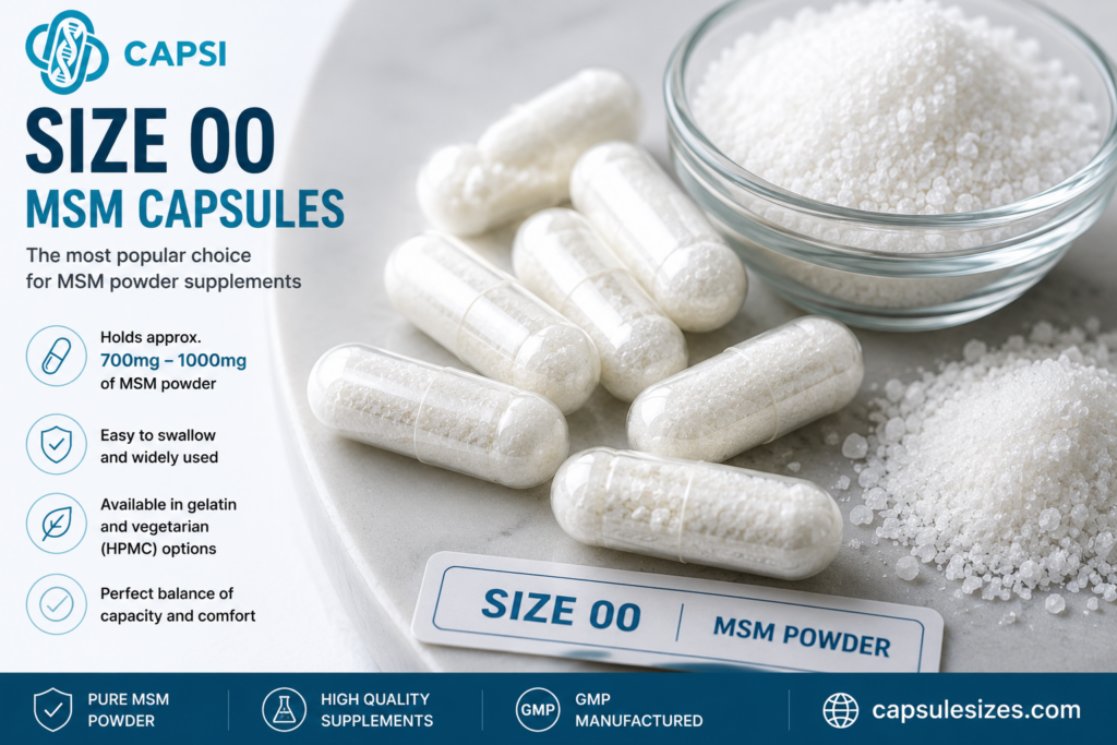 Size 00 capsules filled with MSM powder