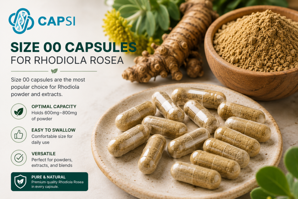 Size 00 capsules filled with Rhodiola Rosea powder