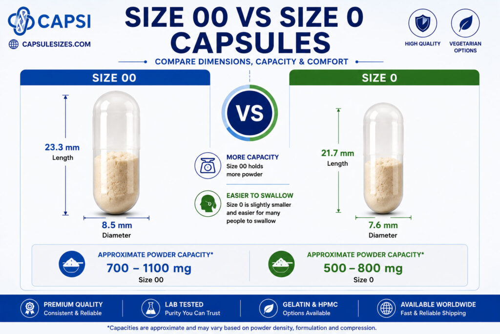 Comparison between size 00 and size 0 empty capsules