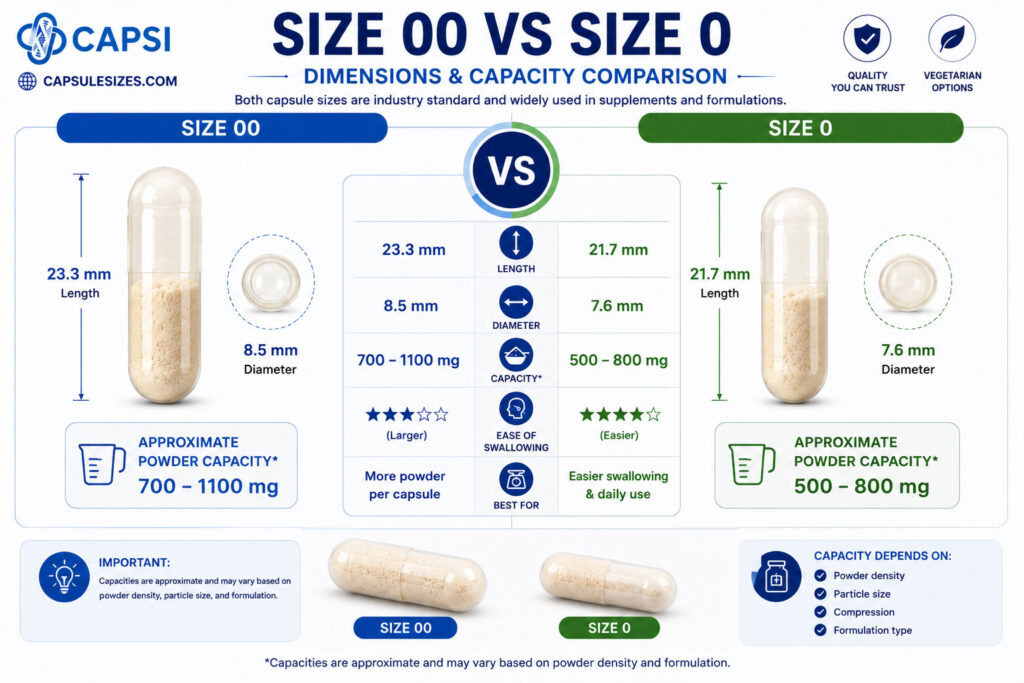 Size 00 vs size 0 capsule dimensions and capacity comparison chart