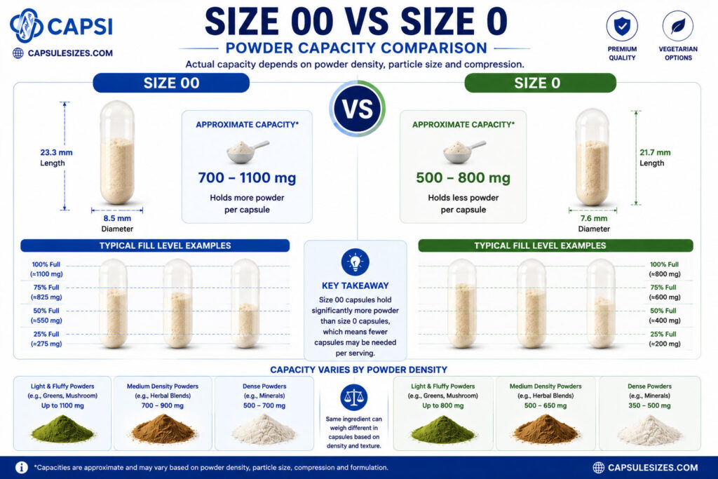 Powder capacity comparison between size 00 and size 0 capsules