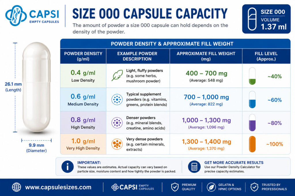 Size 000 capsule powder capacity chart by density