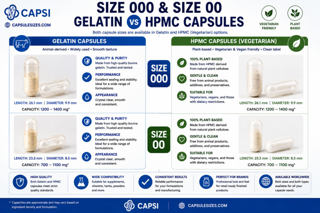Comparison of gelatin and HPMC size 000 and size 00 capsules
