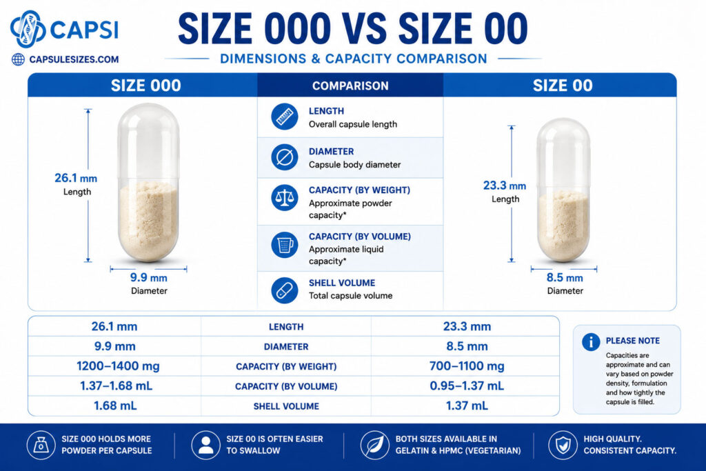 Size 000 vs size 00 capsule dimensions and capacity chart