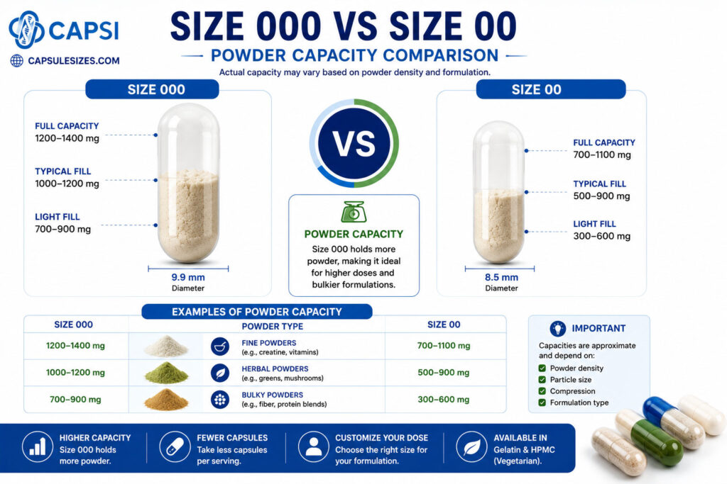 Powder capacity comparison between size 000 and size 00 capsules