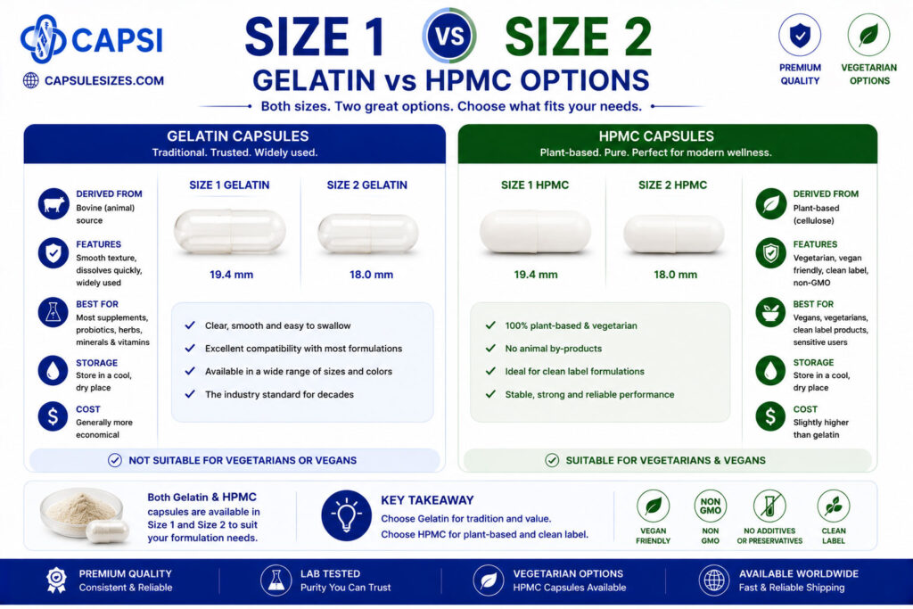 Comparison of gelatin and HPMC size 1 and size 2 capsules