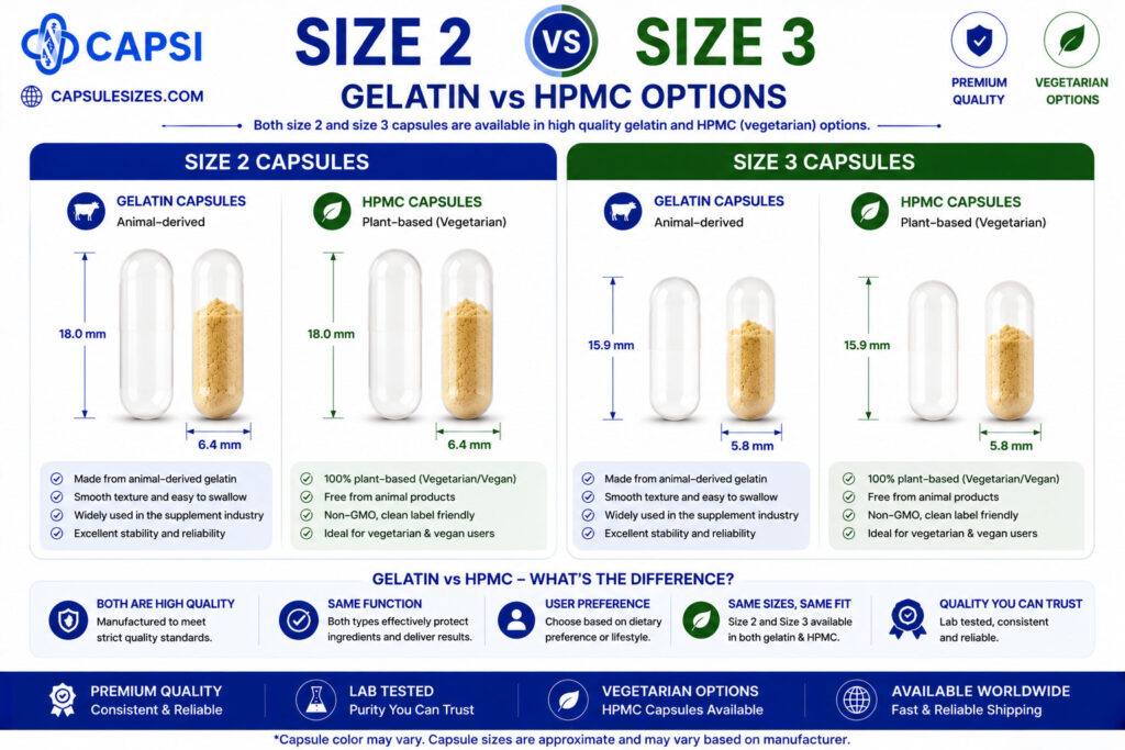 Comparison of gelatin and HPMC size 2 and size 3 capsules