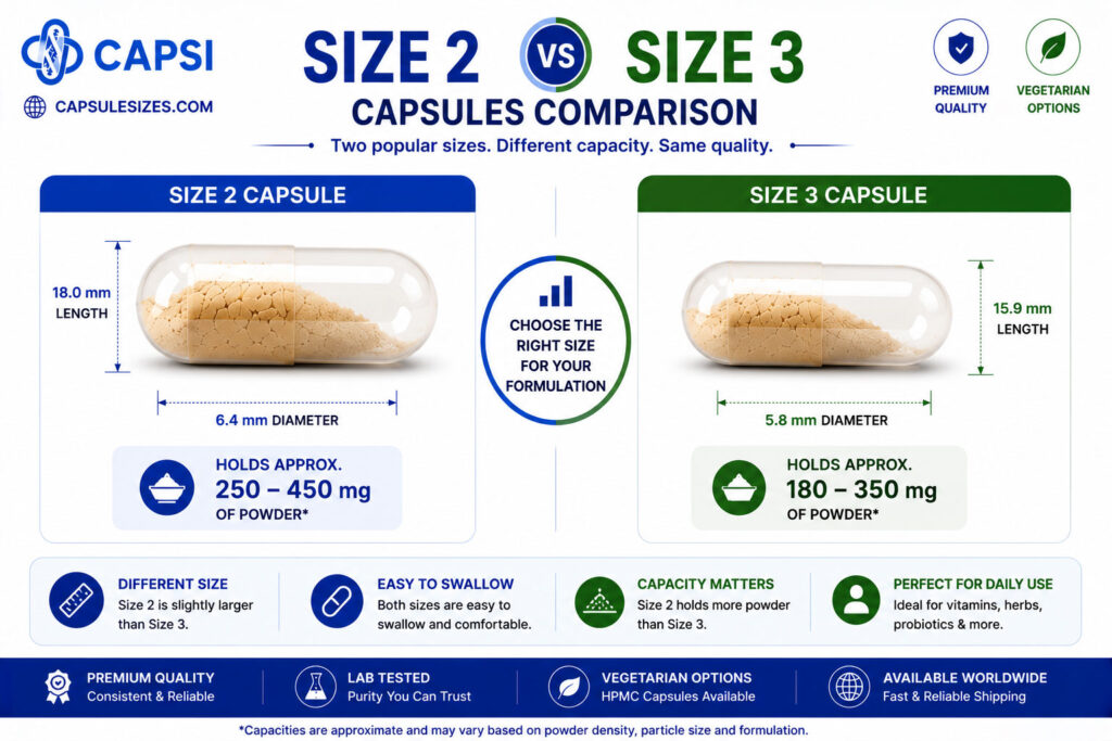 Comparison between size 2 and size 3 empty capsules