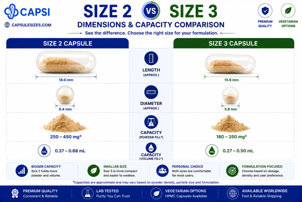 Size 2 vs size 3 capsule dimensions and capacity comparison chart