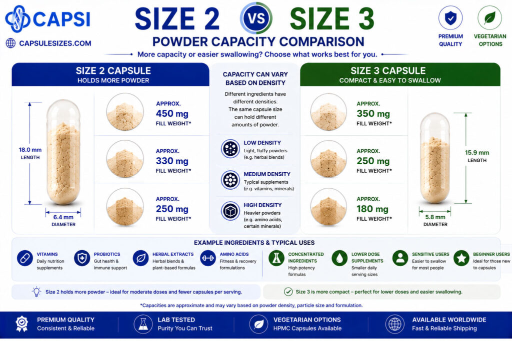 Powder capacity comparison between size 2 and size 3 capsules