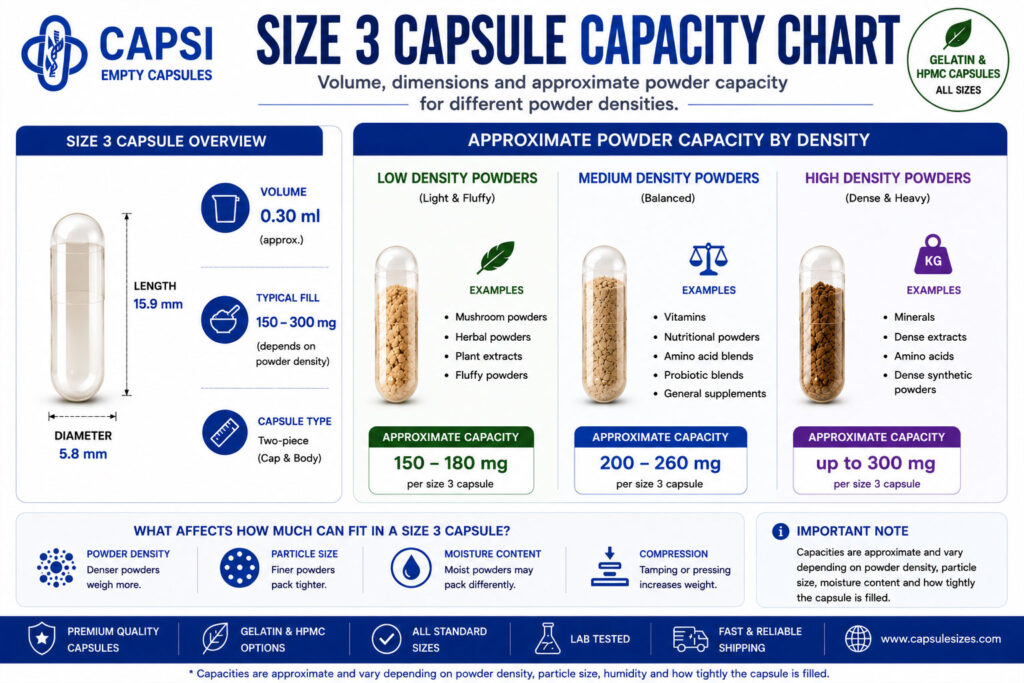 Size 3 capsule capacity chart with dimensions and powder capacities