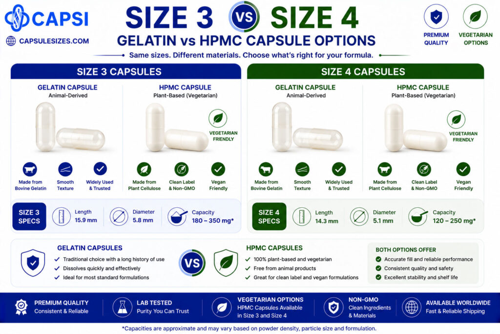 Comparison of gelatin and HPMC size 3 and size 4 capsules