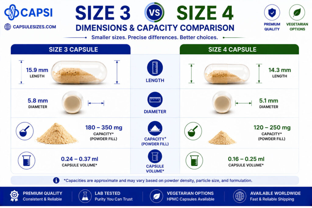Size 3 vs size 4 capsule dimensions and capacity comparison chart
