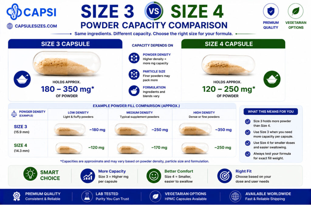 Powder capacity comparison between size 3 and size 4 capsules