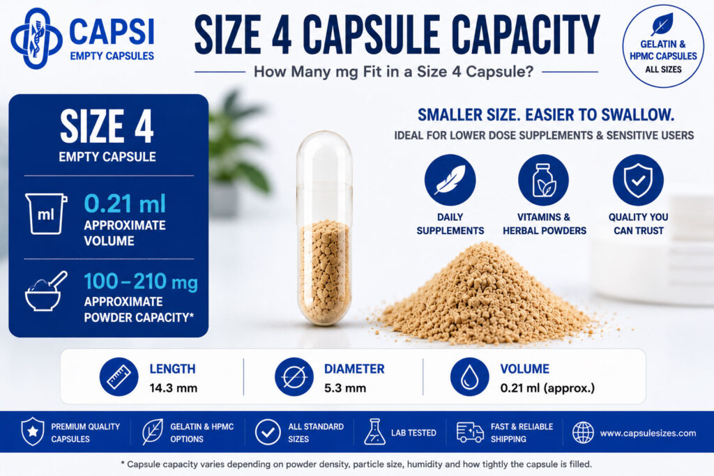Size 4 capsule capacity showing volume and approximate powder fill weight