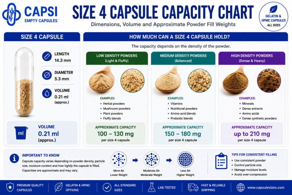 Size 4 capsule capacity chart with dimensions and powder capacities