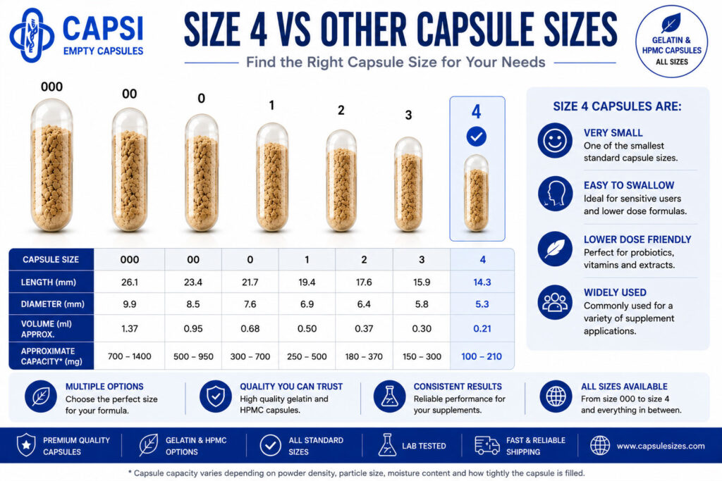 Comparison between size 4 capsules and other empty capsule sizes