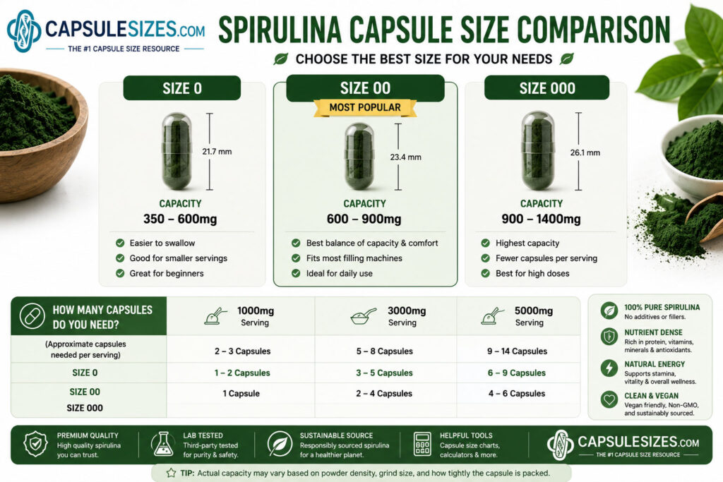 Spirulina capsule size comparison chart