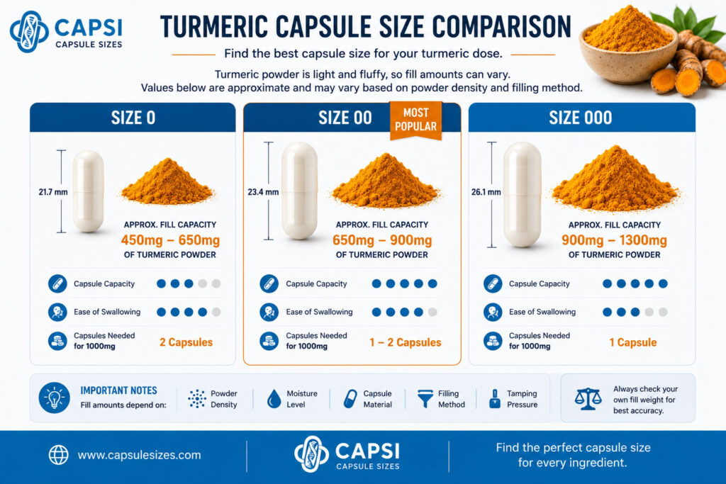 Turmeric capsule size comparison chart for size 0, 00 and 000 capsules