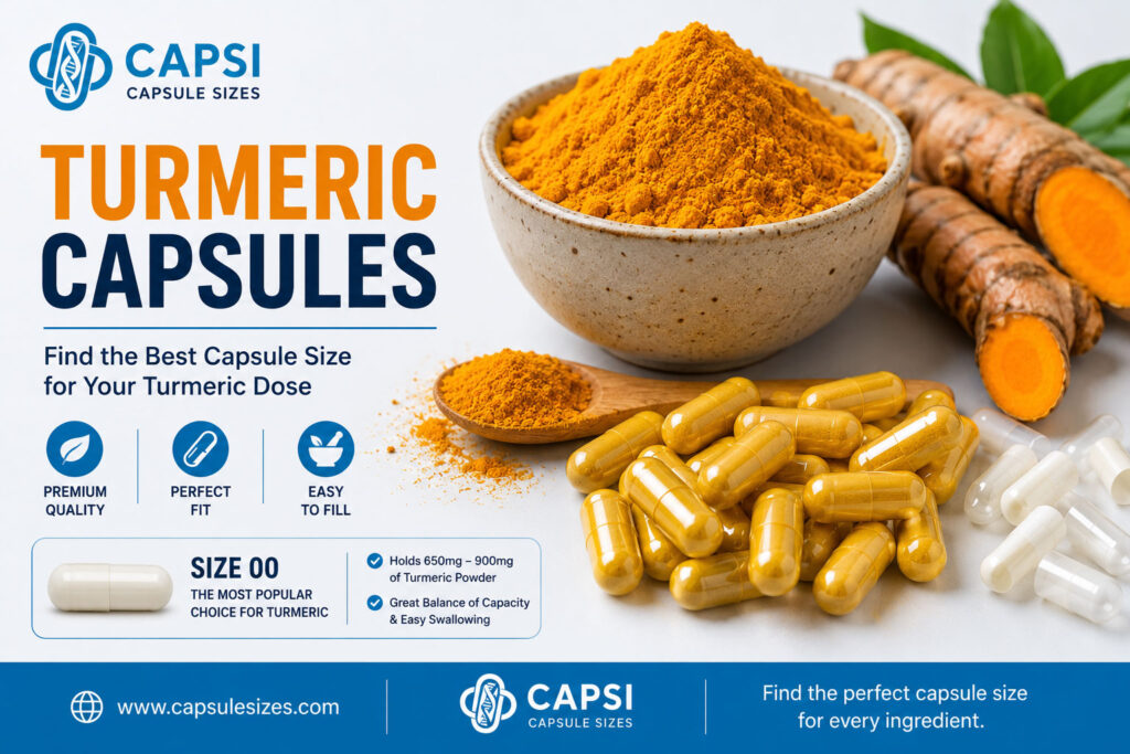 Turmeric powder with size 00 empty capsules by Capsi Capsule Sizes