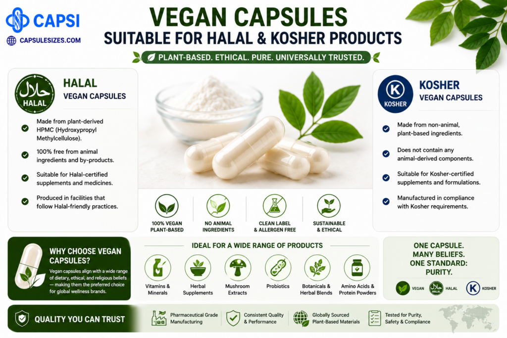 Plant-based vegan capsules suitable for halal and kosher supplements