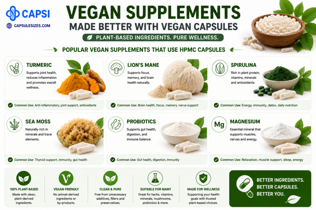 Examples of vegan supplement ingredients inside capsules
