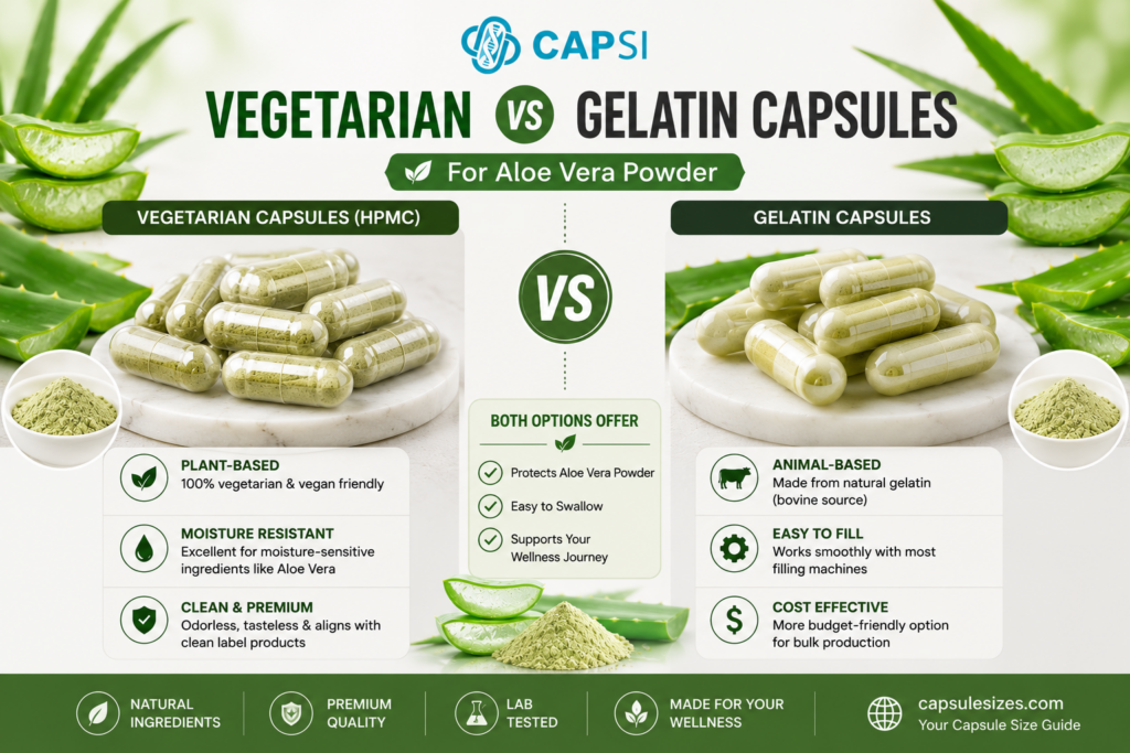 Vegetarian and gelatin capsules for aloe vera powder