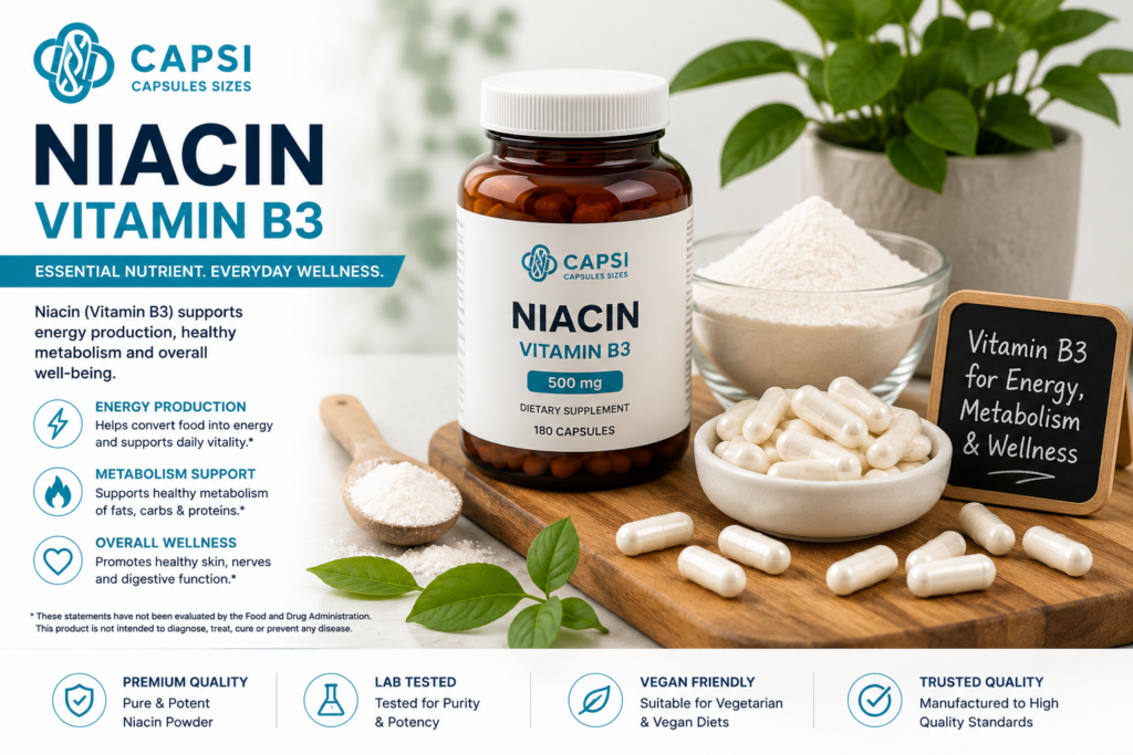 Vitamin B3 niacin supplement capsules and powder