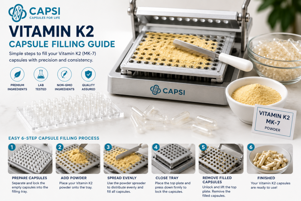 Vitamin K2 capsule filling process using empty capsules