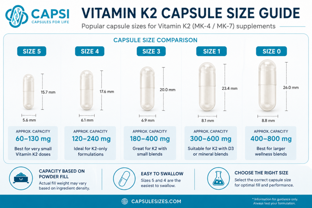 Capsule size comparison chart for Vitamin K2 supplements