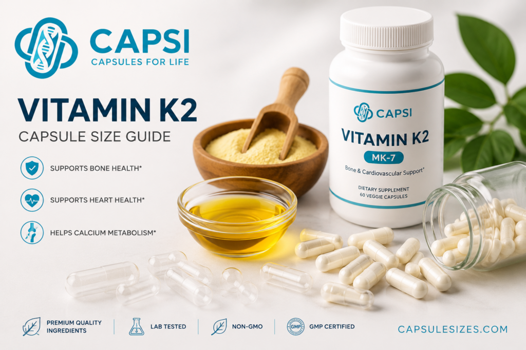 Vitamin K2 capsule size guide with empty capsules and supplement ingredients