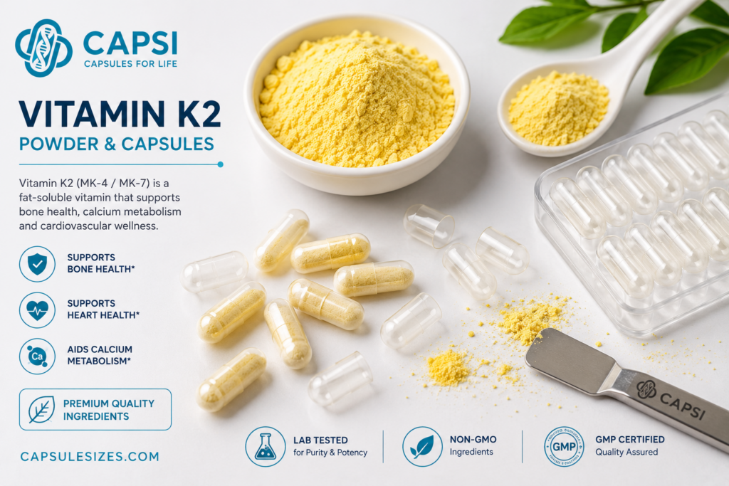 Vitamin K2 powder with empty capsules for supplement filling