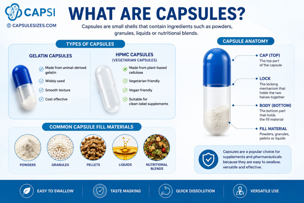 Different types of supplement capsules including gelatin and HPMC capsules