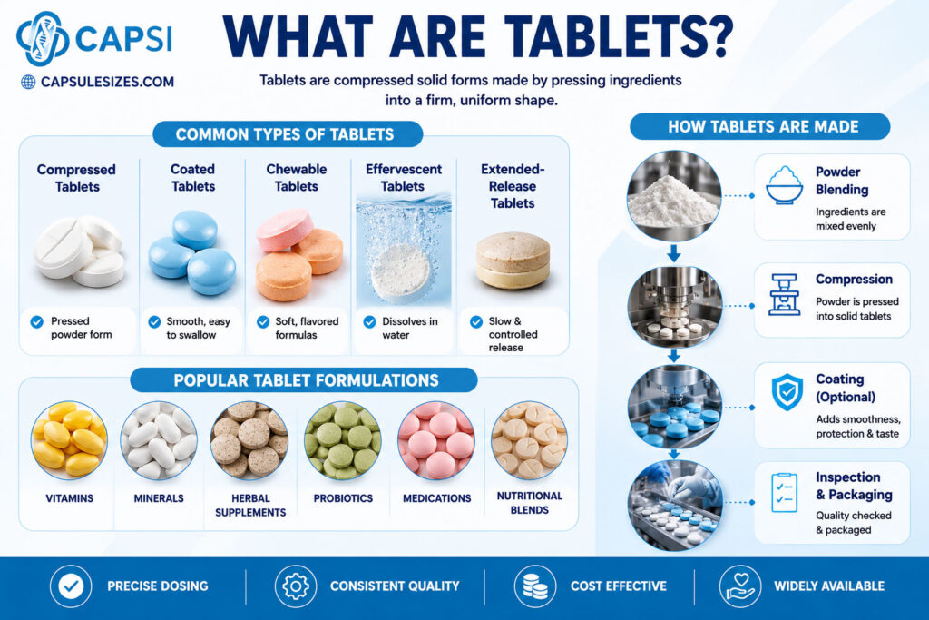 Examples of compressed supplement tablets and coated tablets