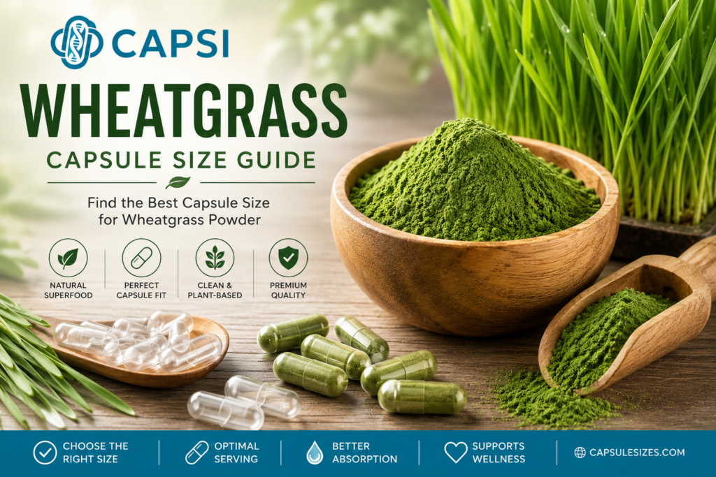 Wheatgrass powder with empty capsules and capsule size guide branding